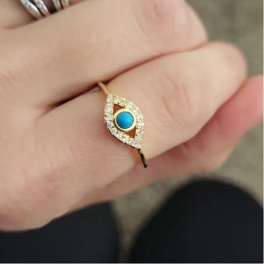 14k Yellow Gold Plated Turquoise & Swarovski Crystal Accented Evil Eye Ring NWT - Picture 2 of 7
